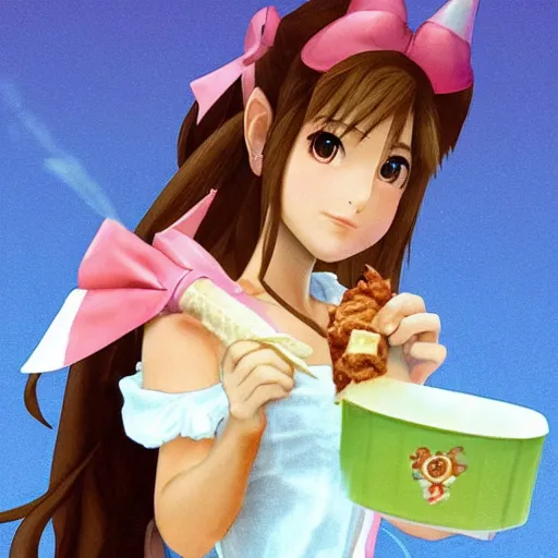 Prompt: Aerith Gainsborough from Final Fantasy VII Remake eating an ice cream cone