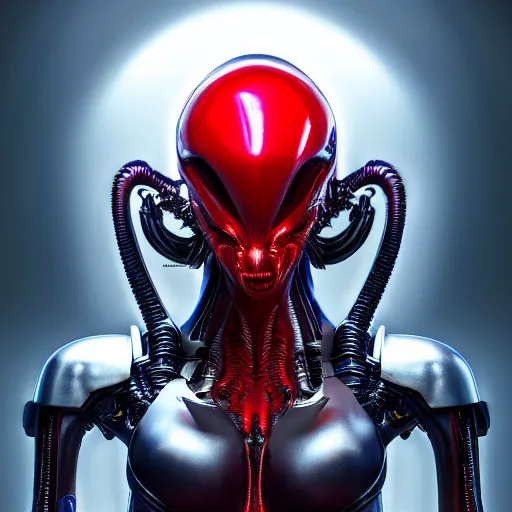 Image similar to futuristic cyberpunk alien xenomorh queen robot concept, highly detailed, photorealistic portrait, bright studio setting, studio lighting, crisp quality and light reflections, unreal engine 5 quality render