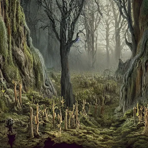 Prompt: a beautiful spooky and highly detailed matte painting of a gothic floral garden in a evil forest in the dry valley high in the most terrible mountains ever, intricate details, epic scale, insanely complex, 8 k, sharp focus, hyperrealism, very realistic, by caspar friedrich, greg rutowski, james gurney