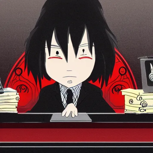 Image similar to dark lord sitting at desk, 3 / 4 view, portrait, ghibli, red demon cyberpunk symbols