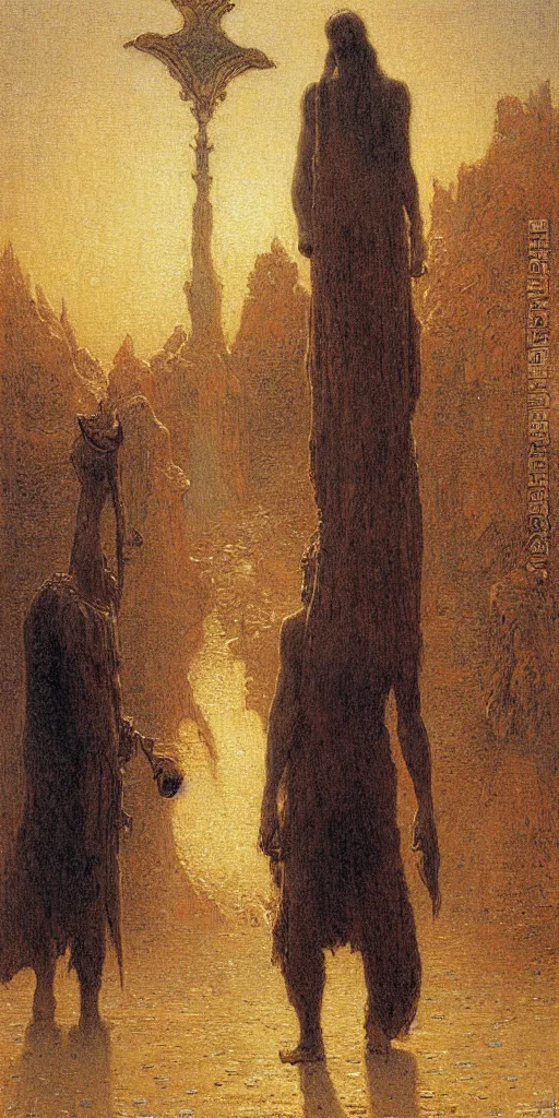 Image similar to a painting of the dark man at the crossroads by gustav moreau, jean delville and  Gaston Bussiere