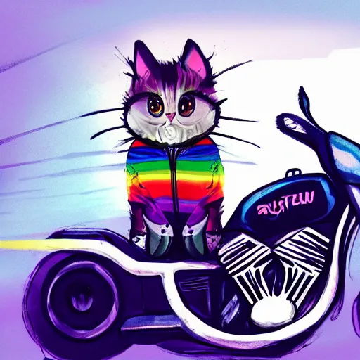 Image similar to wide angle full body, jacket wearing fluffy cute rainbow kitten wearing a black leather motorcycle jacket, riding on a motorcycle, cinematic concept art