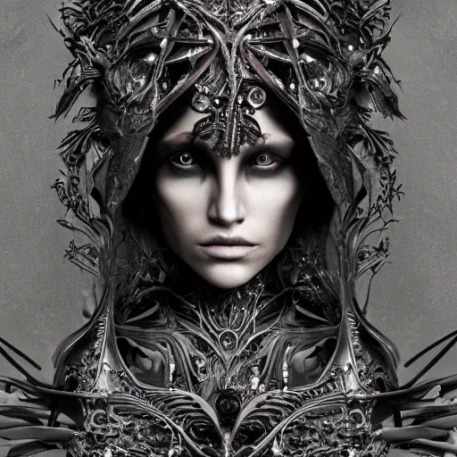 Image similar to a female model by stefan geselle and nekro borja, photorealistic, biomechanical, intricate details, hyper realistic, ornate headpiece, dark beauty, photorealistic, canon r 3, photography, wide shot, photography, dark beauty, symmetrical features