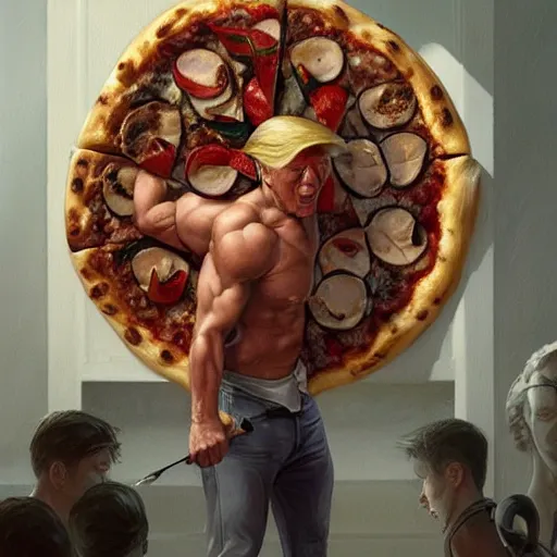 Prompt: donald trump making a pizza, amazing, muscular, fit, very muscular male body, intricate, highly detailed, digital painting, artstation, concept art, sharp focus, illustration, art by greg rutkowski and alphonse mucha