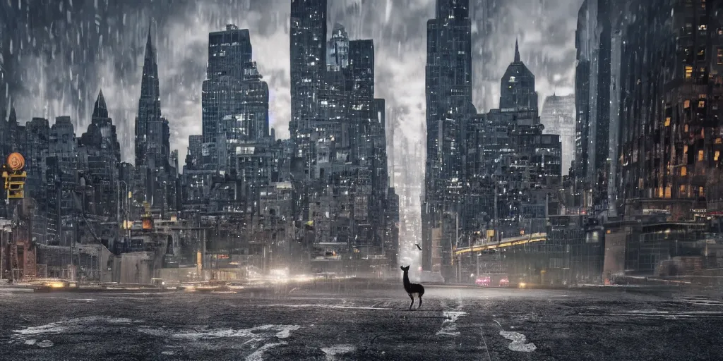 Image similar to a llama walking through a desolate manhattan city street at night, statue of liberty seen in the background, realistic 4 k octane beautifully detailed render, 4 k post - processing, highly detailed, intricate complexity, epic composition, magical atmosphere, cinematic lighting, masterpiece, ultra hd