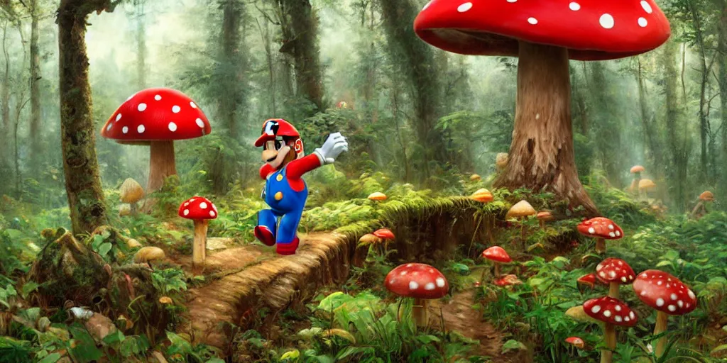 Image similar to Mario roaming through a forest landscape, Mushroom Kingdom, Super Mario Theme, giant red and white spotted mushrooms, by Stanley Artgerm Lau , greg rutkowski, thomas kindkade, alphonse mucha, loish, norman Rockwell