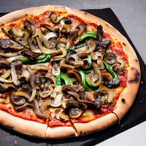 Prompt: a pizza topped with liver, onions, green peppers, anchovies, mushrooms