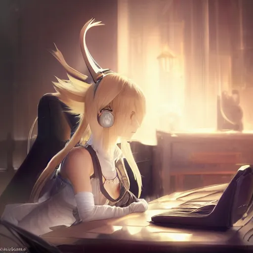 Image similar to a blonde miqo'te sitting in front of a computer wearing headphones, final fantasy xiv, in the style of greg rutkowski, fantasy, amazing detail, epic, elegant, smooth, sharp focus