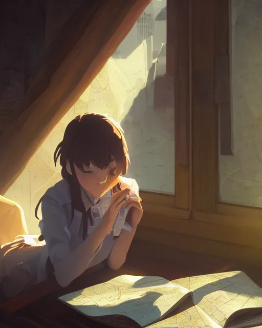 Image similar to a girl reading a map, full shot, atmospheric lighting, detailed face, by makoto shinkai, stanley artger m lau, wlop, rossdraws, james jean, andrei riabovitchev, marc simonetti, krenz c