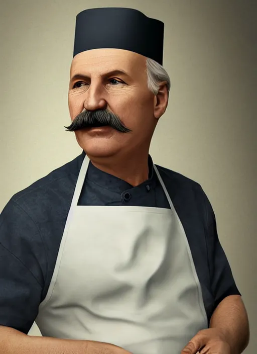 Image similar to digital portrait of a cooking chief looking like alexander lukashenko, photo realism