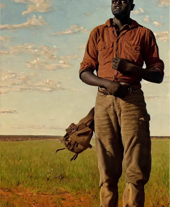 Image similar to portrait of daniel kaluuya as a rancher in oklahoma, art by denys tsiperko and bogdan rezunenko and thomas eakins, hyperrealism