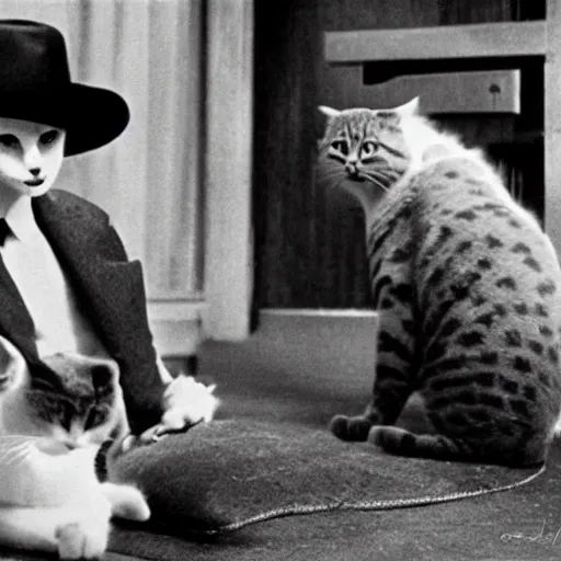 Image similar to 1930's gangster movie starring cats as the gangsters, movie screenshot, 4k, film noir style, photorealistic cats,
