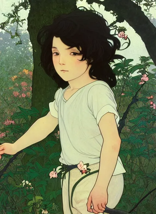 Image similar to young boy with long hair wearing shorts and a t - shirt, climbing a tree, path traced, highly detailed, high quality, digital painting, by studio ghibli and alphonse mucha, leesha hannigan, hidari, art nouveau, chiho aoshima, jules bastien - lepage