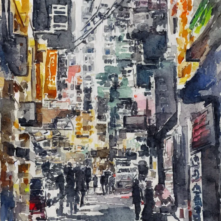 Prompt: street of hong kong, watercolor