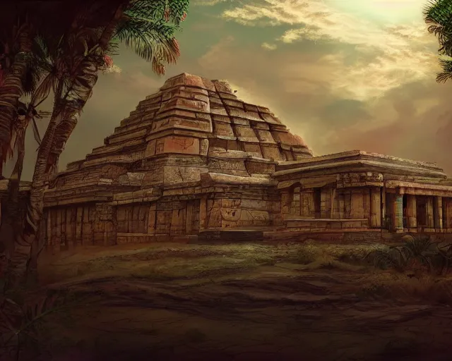 Image similar to ancient indian structure, retrowave epic art, trending on art station