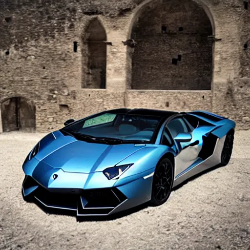 Image similar to a Lamborghini Aventador parked in a medieval fantasy setting with magic, confused villagers stare at Lamborghini Aventador