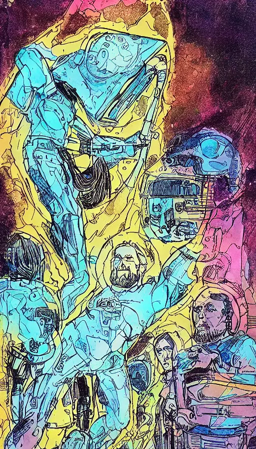 Image similar to religious hard science fiction comic by, bill sienkiewicz, teal and gold colour palette, line drawing, ink pour