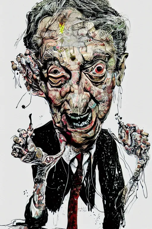 Image similar to George Soros full body shot, Body horror, biopunk, by Ralph Steadman, Francis Bacon, Hunter S Thompson