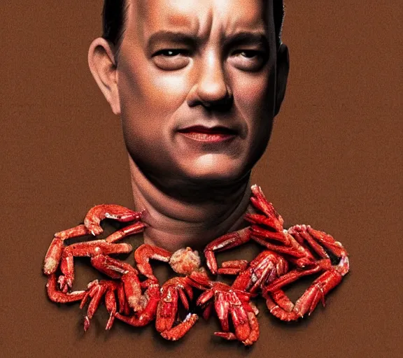 Prompt: Tom hanks as forrest gump wearing a necklace made out of shrimps around the neck, realistic face, digital art, in the style of Raphael Lacoste, amazing detail, artstation