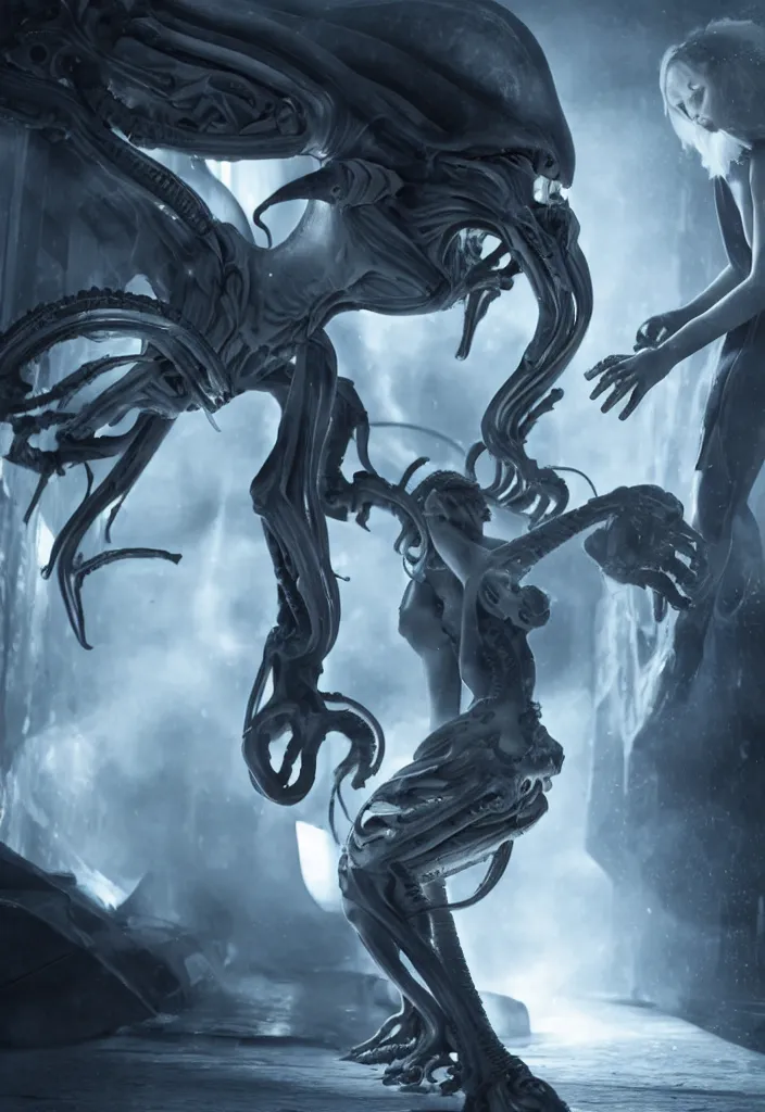 Prompt: a young girl fighting a white xenomorph in the thigh corridors of the covenant vessel, extremely realistic and highly detailed 8 k, sharp focus, mysterious atmospheric lighting, octane render, dramatic volumetric lighting, golden ratio, extremely realistic faces
