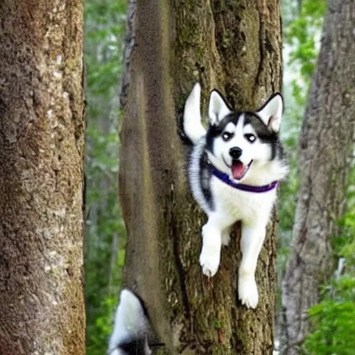 Image similar to husky stuck in an extremely tall tree