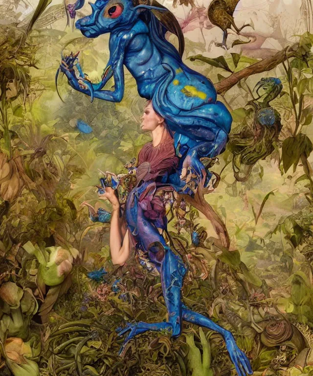 Prompt: a portrait photograph of a meditating fierce colorful harpy antilope super villian girl with slimy amphibian scaled blue skin. she is wearing a living organic dress. by donato giancola, hans holbein, walton ford, gaston bussiere, peter mohrbacher and brian froud. 8 k, cgsociety, fashion editorial