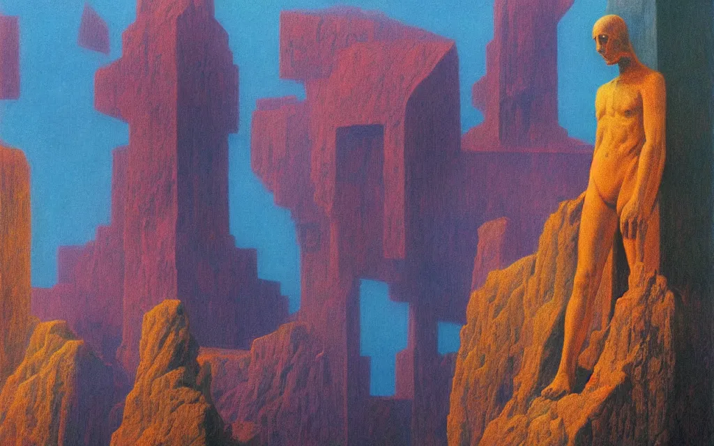 Image similar to colorized movie still from Metropolis, oil painting by zdzisław beksiński, iridescent color palette chromatic aberration