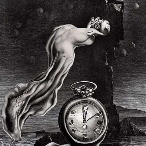 Image similar to Melting Watches by Salvador Dali and Gustave Doré,