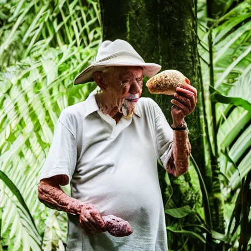 Image similar to an elderly man eating a mushroom in lush tropical jungle, 🍄, canon eos r 3, f / 1. 4, iso 2 0 0, 1 / 1 6 0 s, 8 k, raw, unedited, symmetrical balance, in - frame