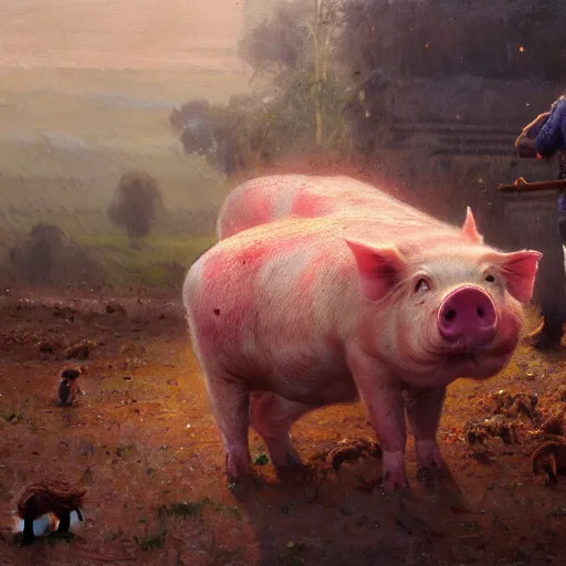 Image similar to farmers wanted to create a source of endless meat with magic, but they created a huge meaty pig - like something that destroys the farm, close - up, painting by gaston bussiere, craig mullins, j. c. leyendecker, 4 k, 8 k, trending on artstation, artstationhd, artstationhq, highest detail