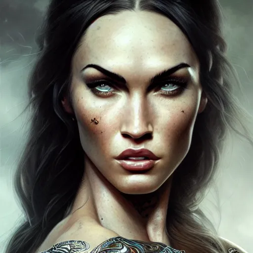 Image similar to portrait of megan fox, muscular upper body, greek, jewelry, fantasy, intricate, elegant, highly detailed, digital painting, artstation, concept art, matte, sharp focus, illustration, art by aenaluck and roberto ferri and greg rutkowski, epic fantasy, digital painting