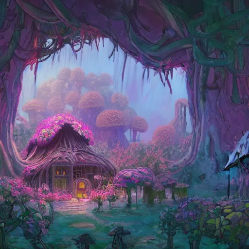 Image similar to concept art painting of a interior of a cozy alien fantasy cottage made of mushrooms and fungus, with black vines and magenta houseplants, blue and magenta light, realistic, detailed, cel shaded, dark, in the style of makoto shinkai and greg rutkowski and james gurney