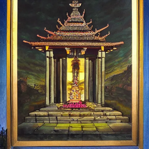 Prompt: a beautiful painting of a monument thathowe, a sacred site, pagoda, lightbeams, royal jewels, majestic medieval art by james gurney, no copyright name, aztec jad