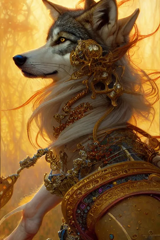 Image similar to highly detailed full shot portrait of a enchanted wolf in the form of a beautiful young princess. d & d, art by donato giancola and ruan jia and carl larsson and magali villeneuve. trending on artstation, intricate details, energetic composition, golden ratio, concept art, illustration, elegant art