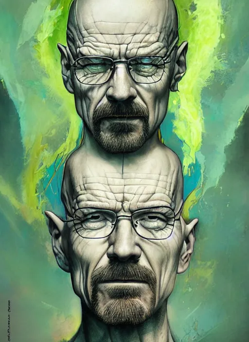 Prompt: a Demon Slayer portrait of Walter White, tall, pale-skinned, slender with lime green eyes and long eyelashes by Stanley Artgerm, Tom Bagshaw, Arthur Adams, Carne Griffiths, trending on Deviant Art, street art, face enhance, chillwave, maximalist, full of color, glittering