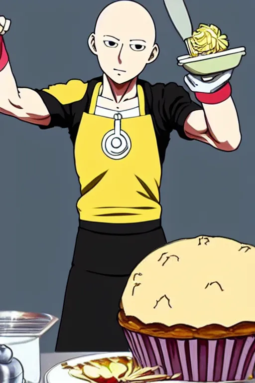 Image similar to chef saitama one punch man, dressed as a pastry chef, making a cake, anime artwork