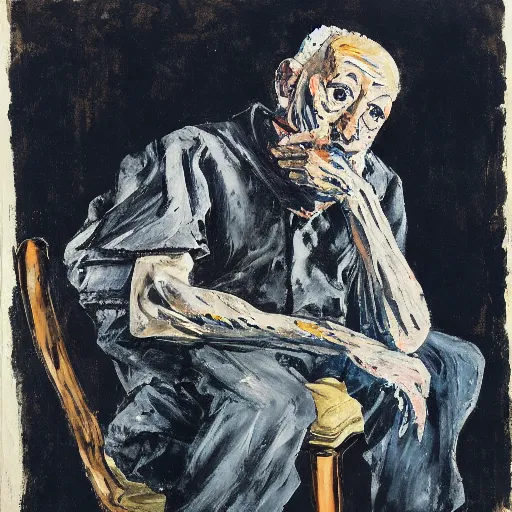 Prompt: painting of an old man sitting on a chair, waiting, by georg baselitz