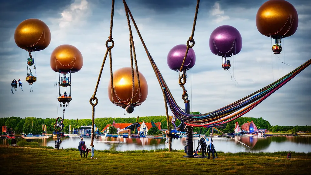 Image similar to large colorful futuristic space age metallic steampunk steam - powered balloons with pipework and electrical wiring around the outside, and people on rope swings underneath, flying high over the beautiful klaipeda in lithuania landscape, professional photography, 8 0 mm telephoto lens, realistic, detailed, photorealistic, photojournalism