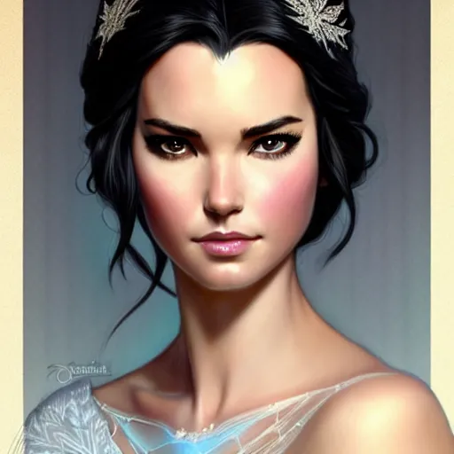 Prompt: Odette Annable with black hair as Elsa from Frozen, western, D&D, fantasy, intricate, elegant, highly detailed, digital painting, artstation, concept art, matte, sharp focus, illustration, art by Artgerm and Greg Rutkowski and Alphonse Mucha