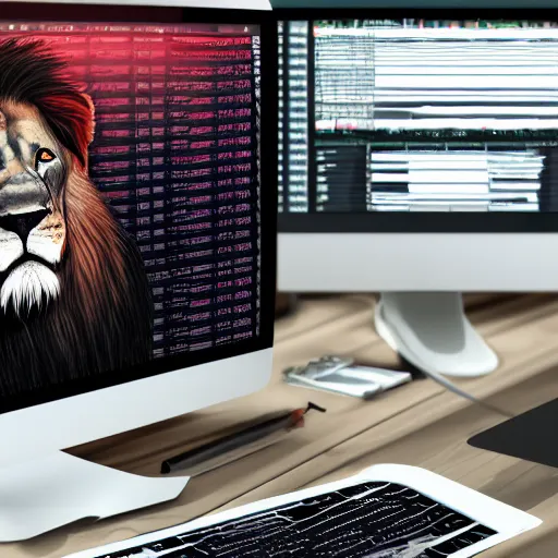 Image similar to Lion at computer, trading stocks, candle stick chart on screen, digital art, realistic, trending on artstation