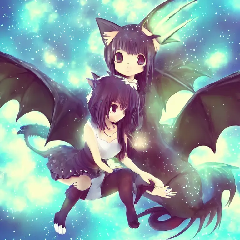 Image similar to cute, full body, female, anime style, a cat girl with fairy wings patting a dragon, large eyes, beautiful lighting, sharp focus, simple background, creative, heart effects, filters applied, illustration