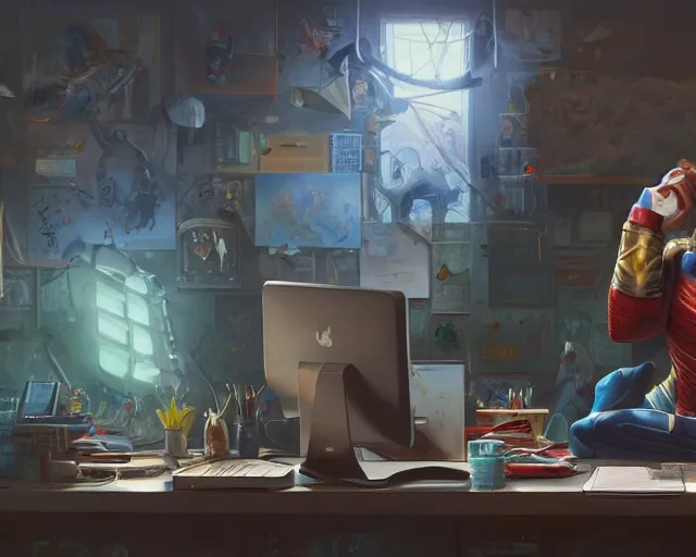 Image similar to an insanely detailed painting of a nerdy asian man wearing a superhero costume, sitting at a desk, staring at the nervously at the computer and typing, in the style of peter mohrbacher, dramatic lighting and composition, surreal background, octane render, pixar, trending on artstation, concept art, comic book, view from behind