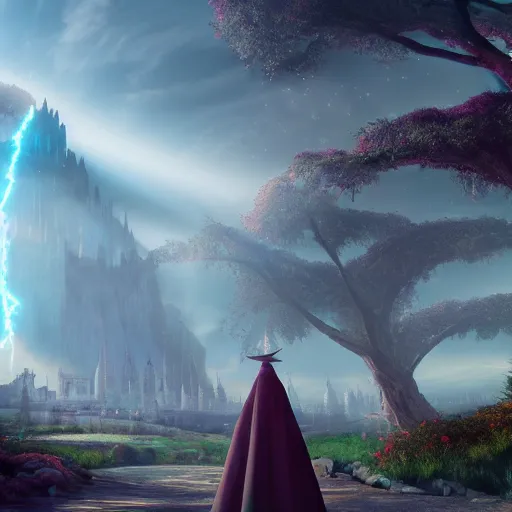 Image similar to a magical wizard in front of a big and mystical of a big and structured fantasy kingdom city, god rays, giant tree, portal to outer space digital art 8k, trending on artstation, anime, unreal engine