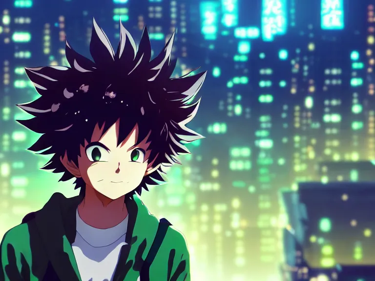 Prompt: anime fine details portrait of joyful Deku in front of cyberpunk moder city landscape on the background deep bokeh, close-up view, anime masterpiece by Studio Ghibli. 8k, sharp high quality anime, artstation