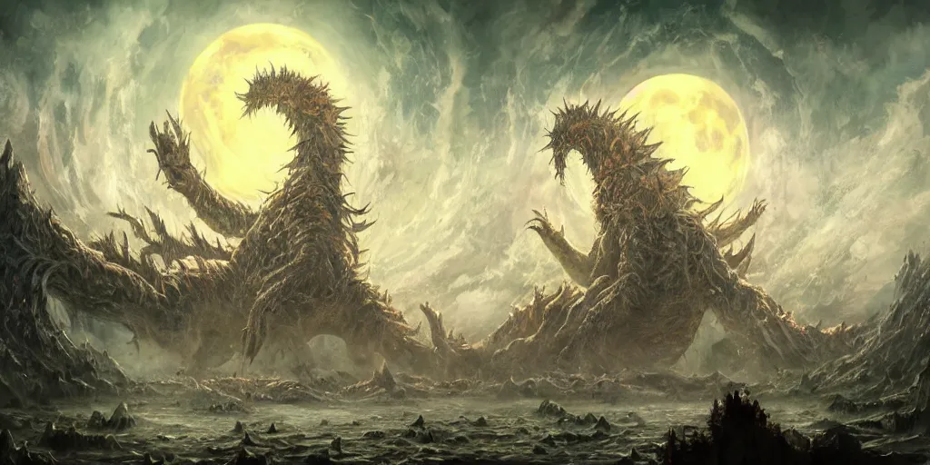 Image similar to concept art of giant kaiju, japanese, lots of teeth, melting horror, round moon, rich clouds, fighting the horrors of the unknown, mirrors, very detailed, volumetric light, mist, grim, fine art, decaying, textured oil over canvas, epic fantasy art, very colorful, ornate, anato finnstark