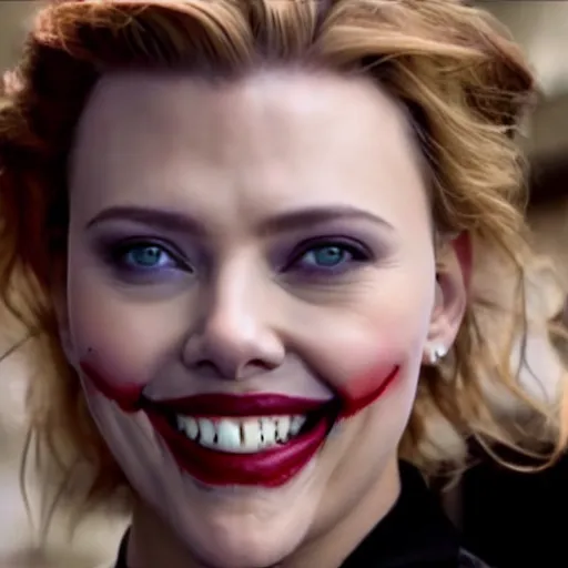 Image similar to beautiful awe inspiring (Scarlett Johansen) as The Joker smiling 8k hdr