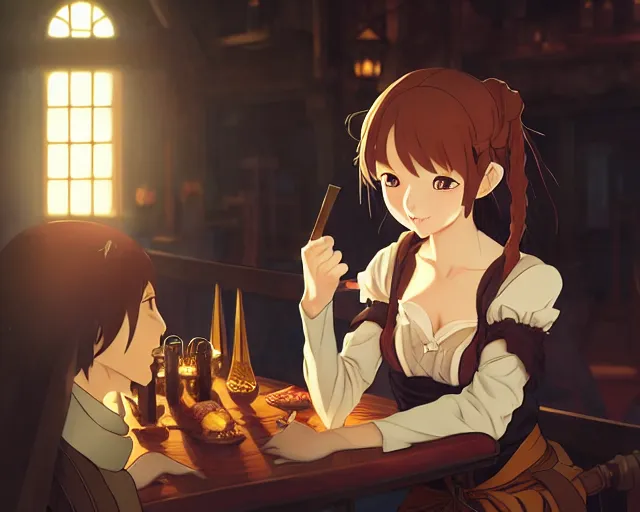 Image similar to anime visual, portrait of a young female traveler in a busy fantasy medieval tavern interior, cute face by yoh yoshinari, katsura masakazu, studio lighting, dynamic pose, dynamic perspective, strong silhouette, anime cels, ilya kuvshinov, cel shaded, crisp and sharp, rounded eyes