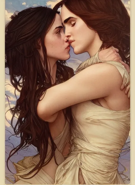 Prompt: megan fox kissing emma watson. beautiful detailed face. by artgerm and greg rutkowski and alphonse mucha