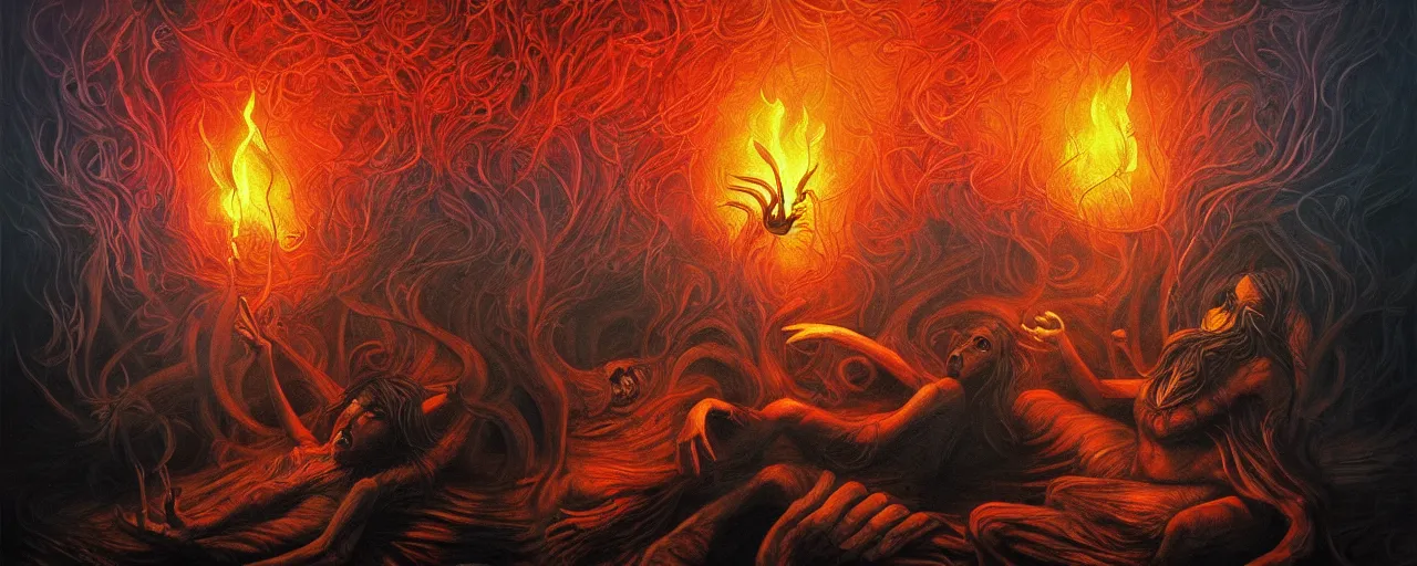 Image similar to wild emotion and thought creatures repressed in the depths unconscious of the psyche lead by baba yaga, about to rip through and escape in a extraordinary revolution, dramatic fire glow lighting, surreal painting by ronny khalil