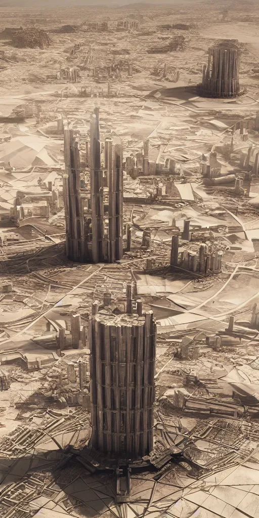 Image similar to realistic nuclear base, tower of babylon destroyed, white architecture, cerro dominador radial vertical solar power plant in the desert, trending on artstation, featured on behance, octane render, award winning, archviz, matte painting, epic, blender render, unreal engine